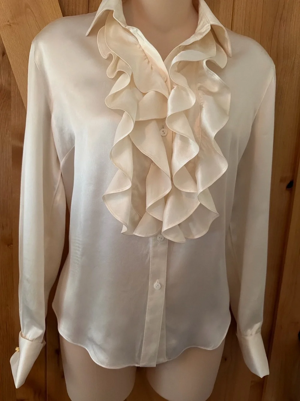 Vintage Starington for Neiman Marcus Cream 100% Silk Ruffle Blouse • Size 4